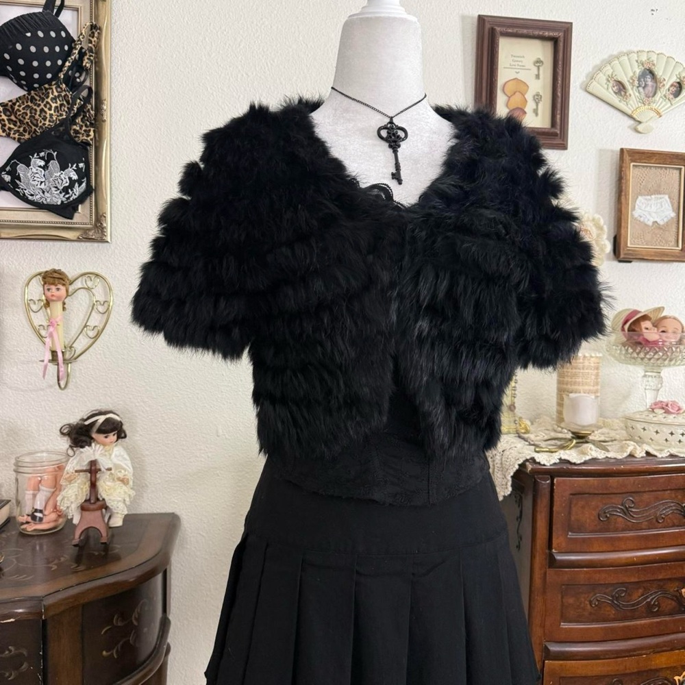 y2k coquette romantic goth girly grunge black rabbit fur cropped bolero cardigan - Picture 4 of 7